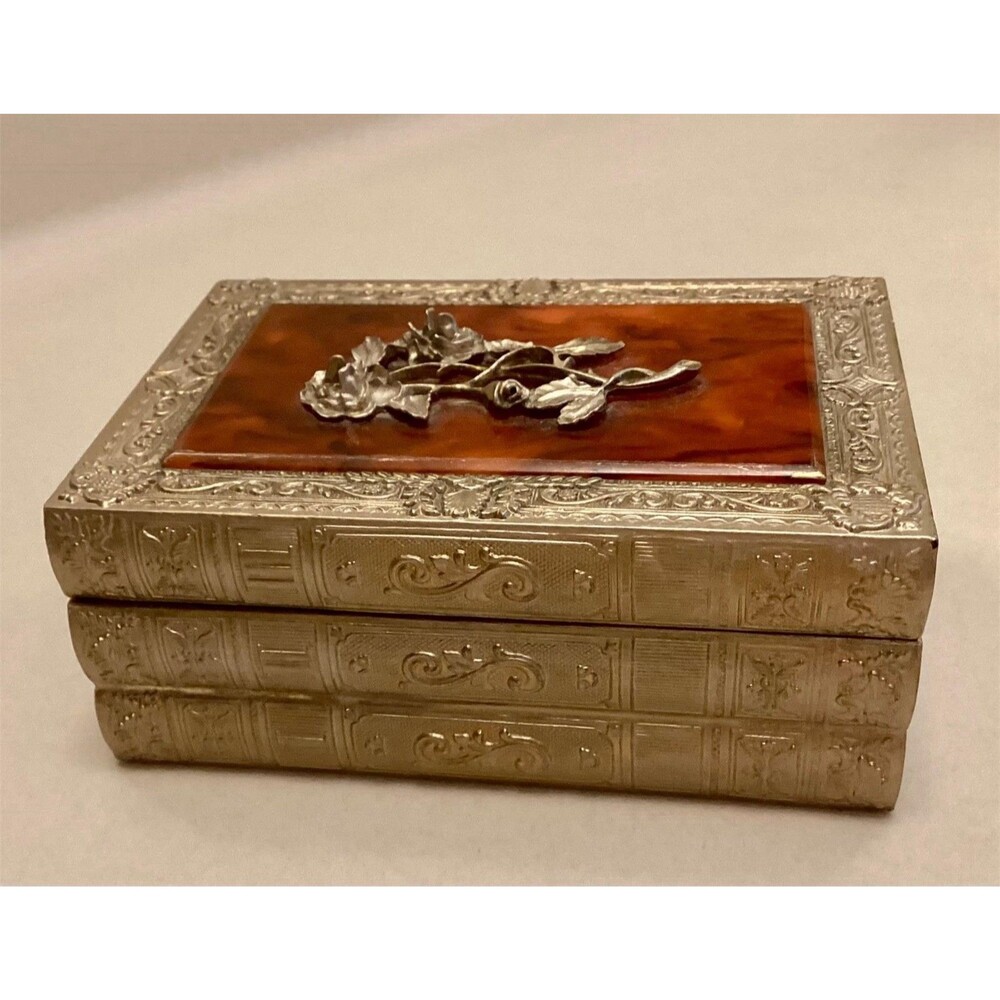 VTG Trinket Box Gold Rose Book Stack Design Amber Top Made in Japan Elegant